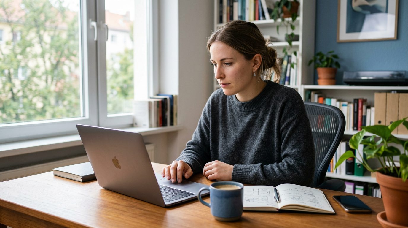 Freelancer at a laptop reviewing a tailored job application draft generated by PitchPilot